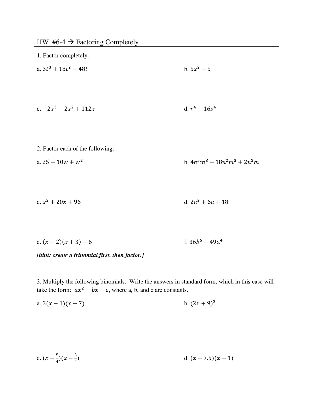 HW 6-4 Factoring Completely 2024 - HW # 6 - 4 → Factoring Completely ...