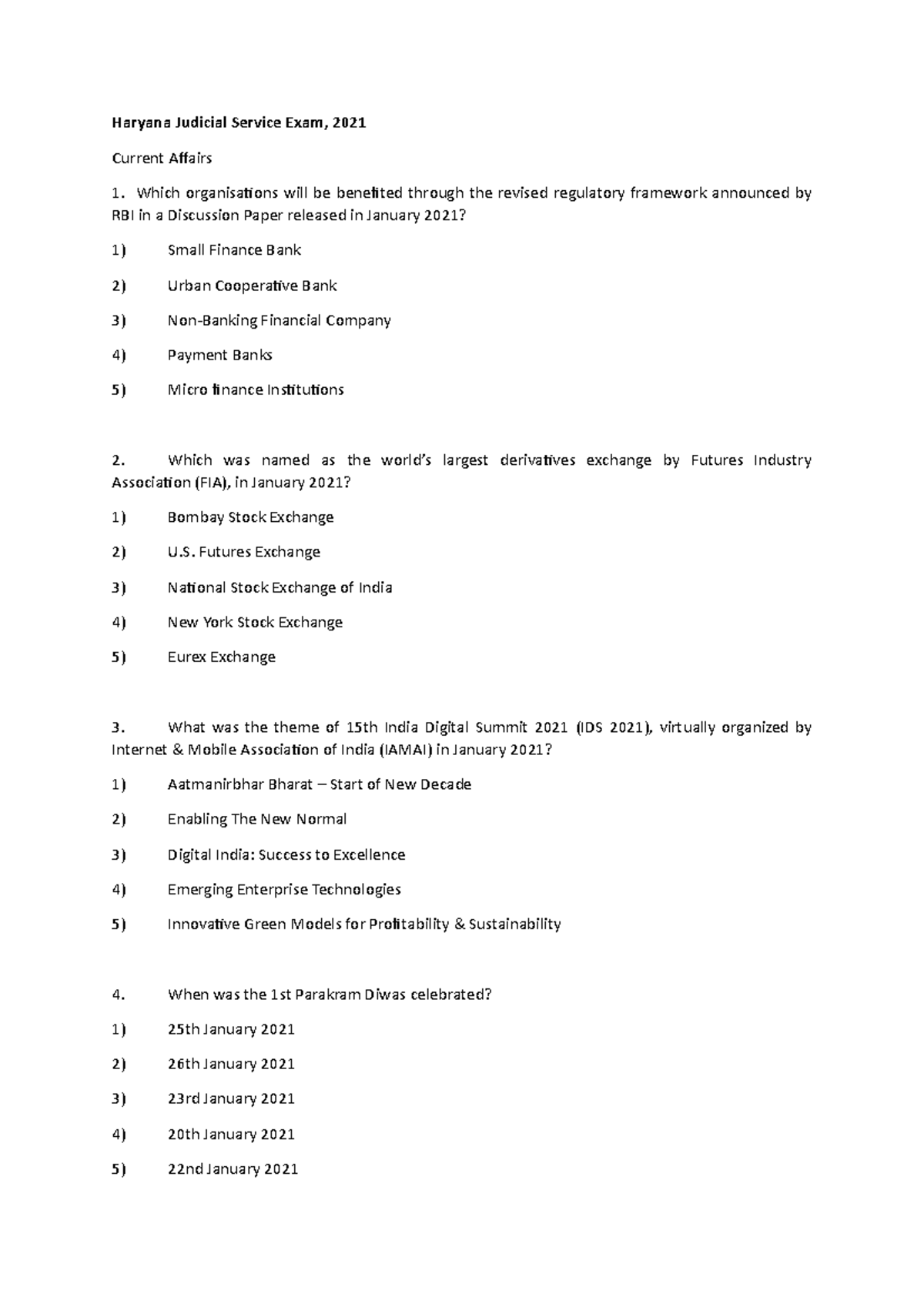 Current Affairs Test Series for judicial services aspirants Haryana