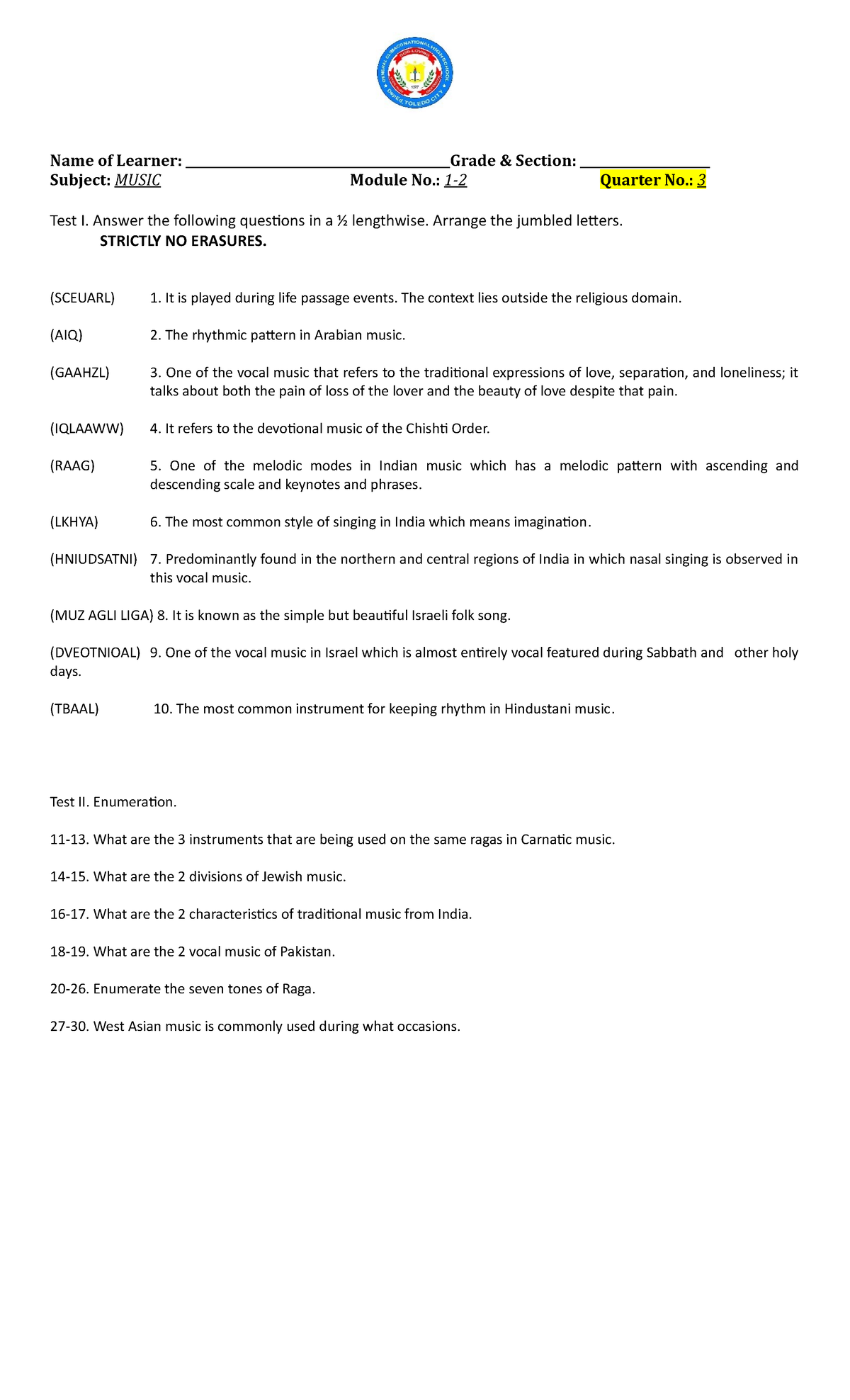 LAS Q3 Music Module 1 And 2 - Name Of Learner: __ Grade & Section