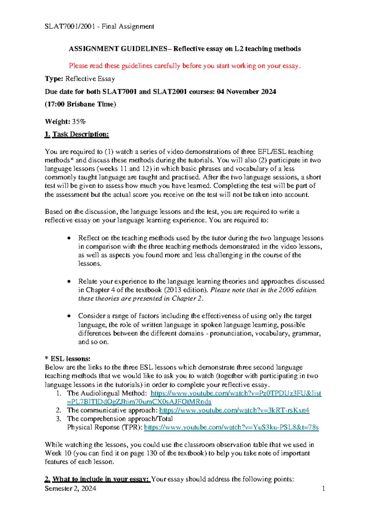 Reflective Essay Guidelines - SLAT7001/2001 - Final Assignment Semester ...