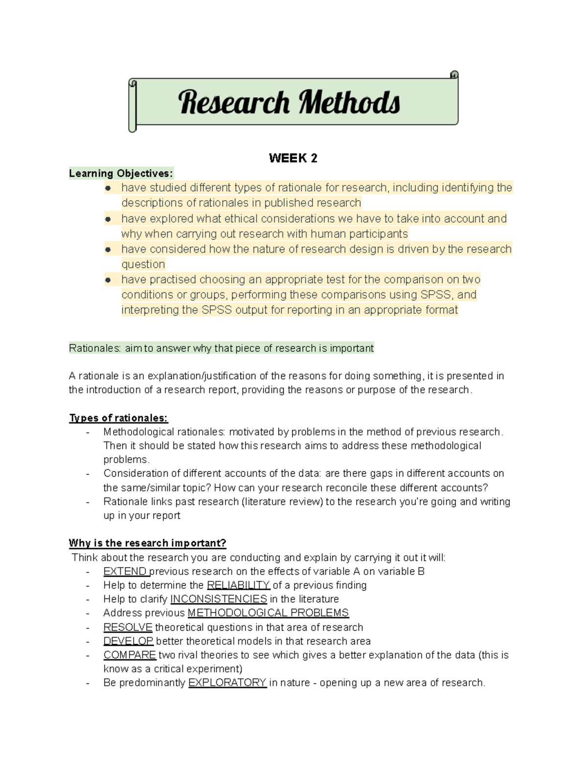 Research Methods C - RMC - WEEK 2 Learning Objectives: have studied ...