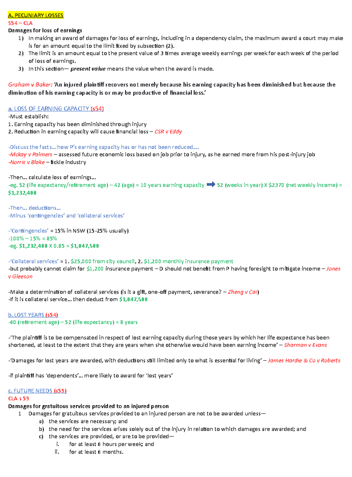 Tort - Template Damages - A. PECUNIARY LOSSES S54 CLA Damages for loss ...