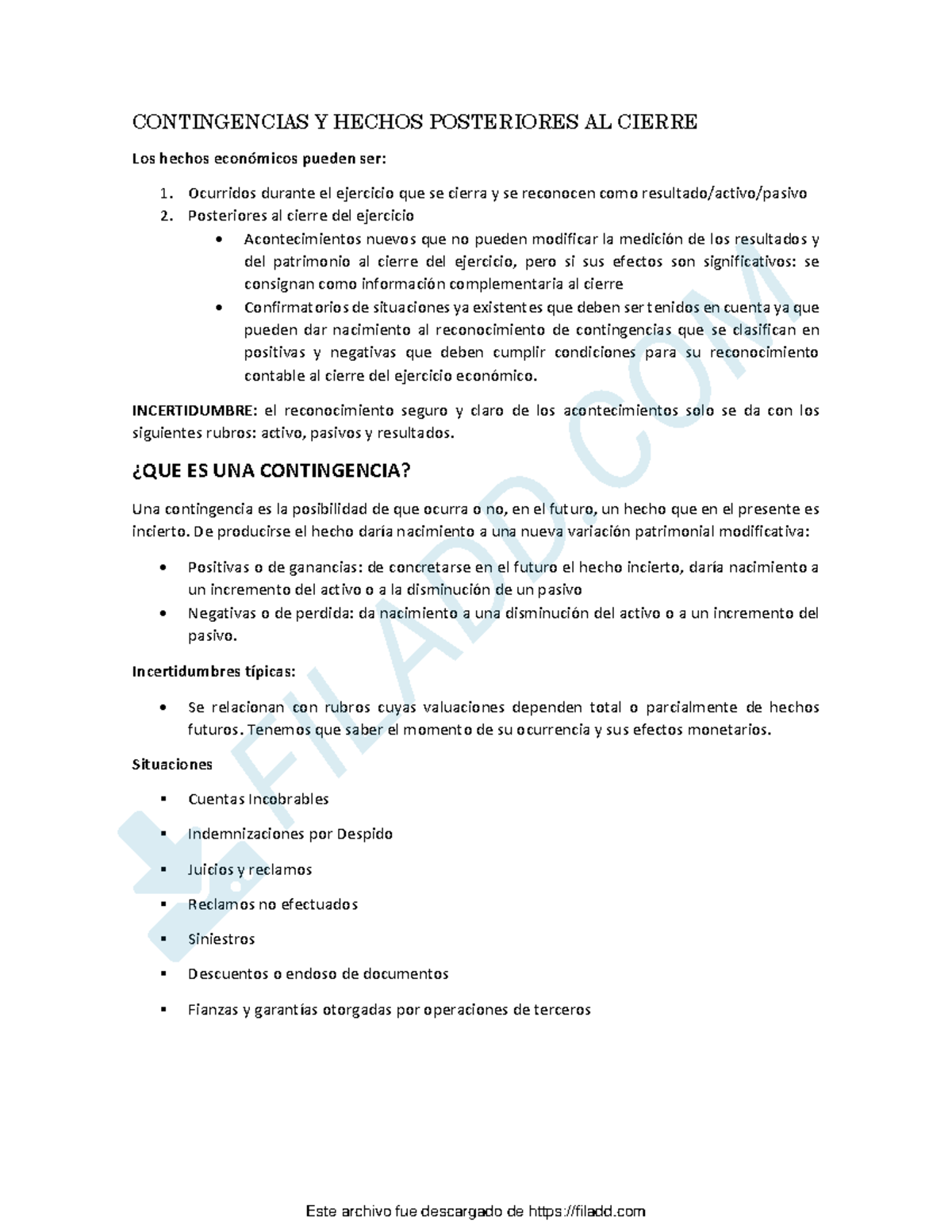 teoria Contable - CONTINGENCIAS Y HECHOS POSTERIORES AL CIERRE Los ...