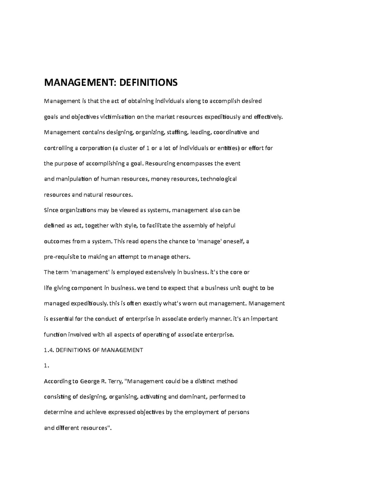 MANAGEMENT DEFINITIONS.docx - MANAGEMENT: DEFINITIONS Management is ...