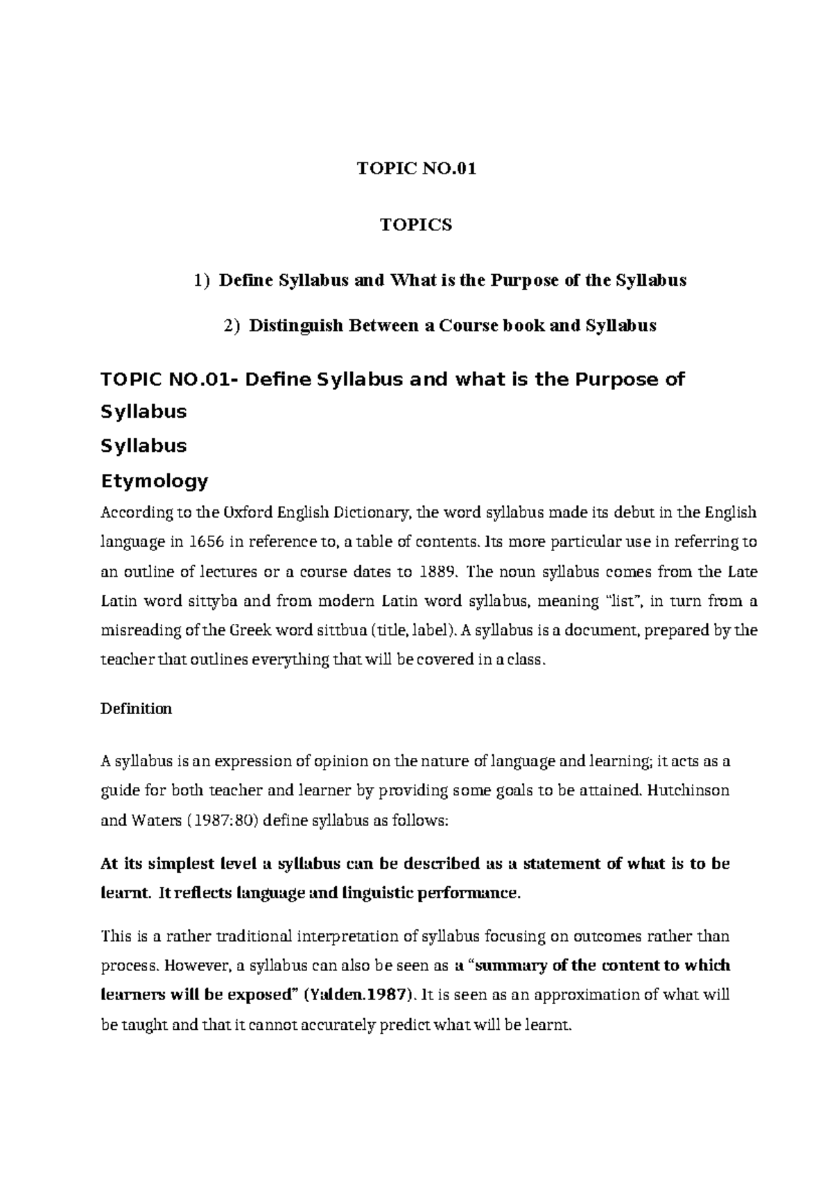 Define syllabus Topic 01 - TOPIC NO. TOPICS 1) Define Syllabus and What ...