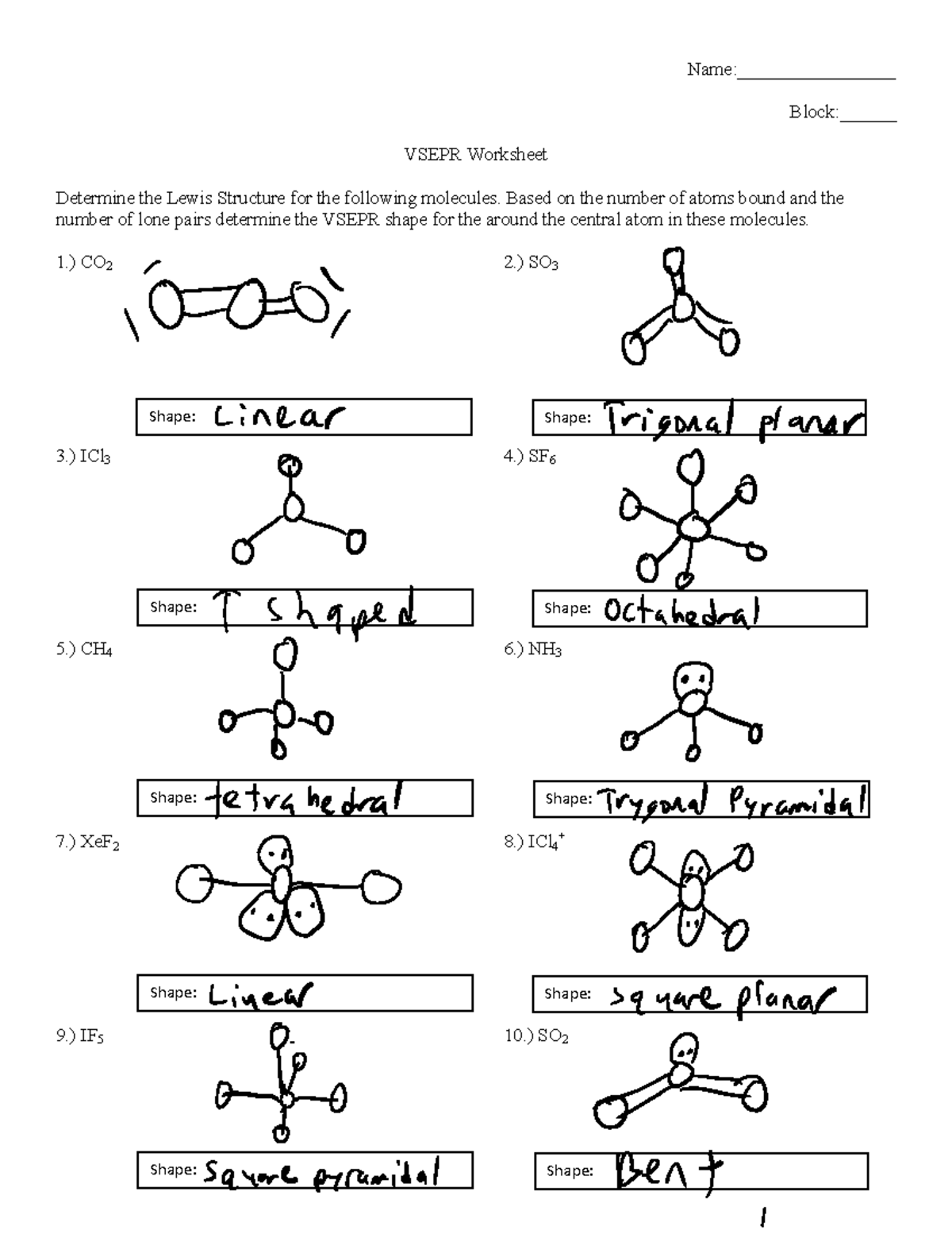 daily assignment vsepr practice