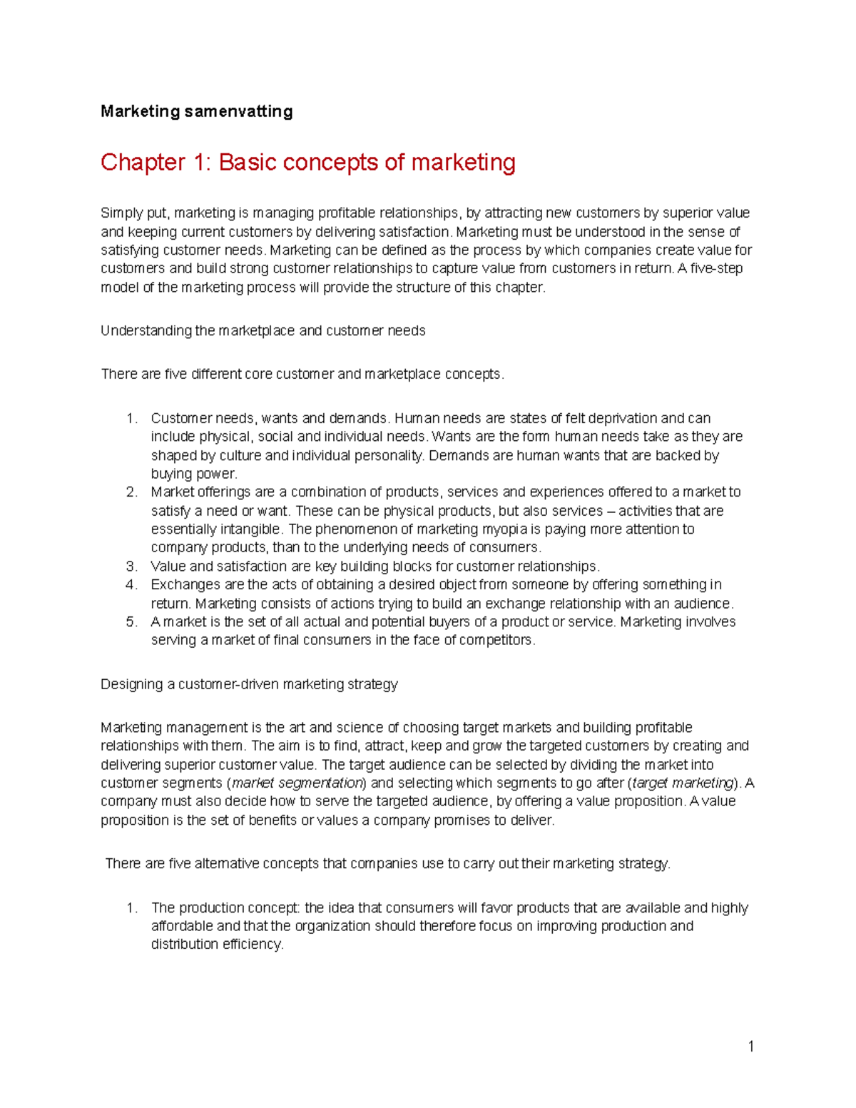 Marketing Summary - Marketing samenvatting Chapter 1: Basic concepts of ...