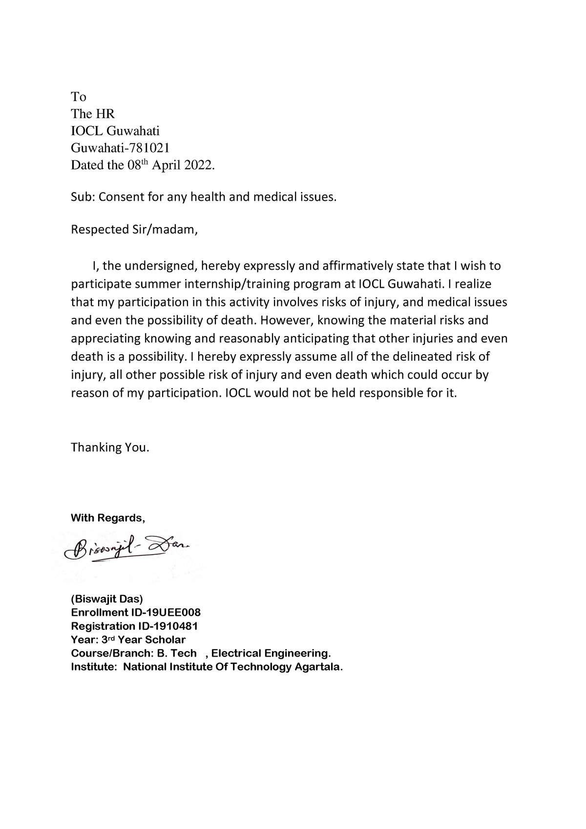 Consent letter Biswajit Das - To The HR IOCL Guwahati Guwahati- Dated ...