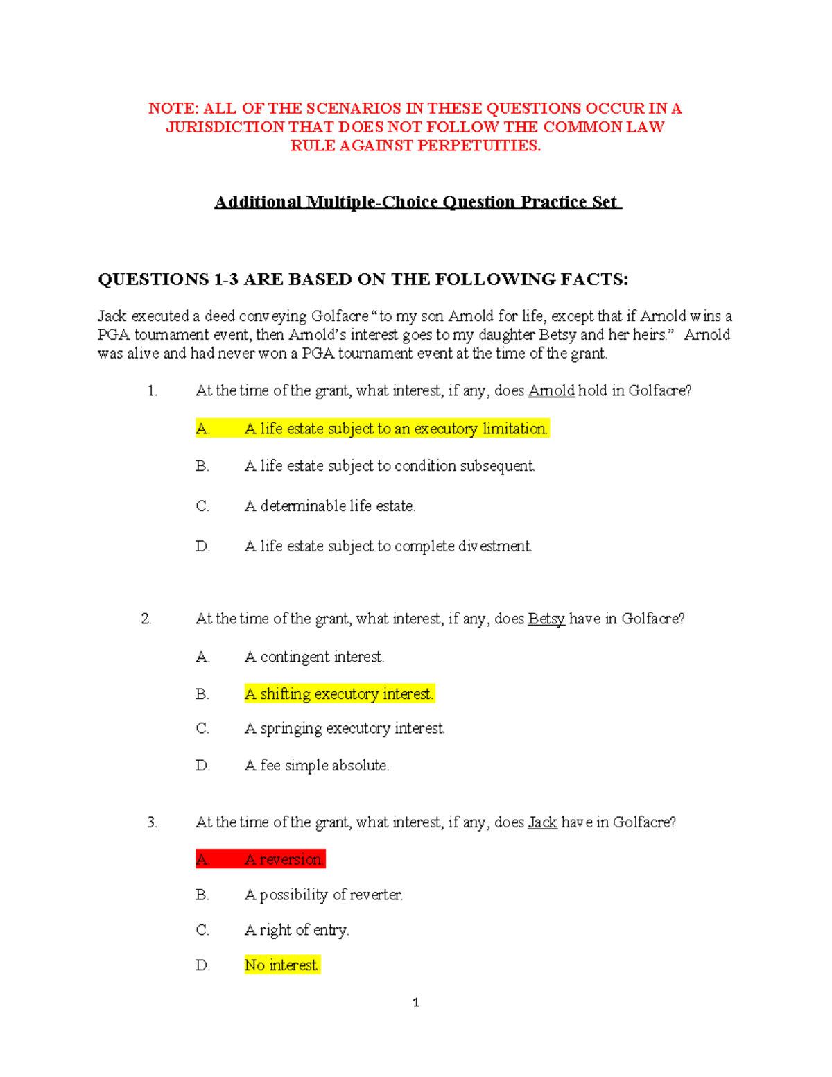 Additional Multiple-Choice Question Practice Set Property First Half No ...