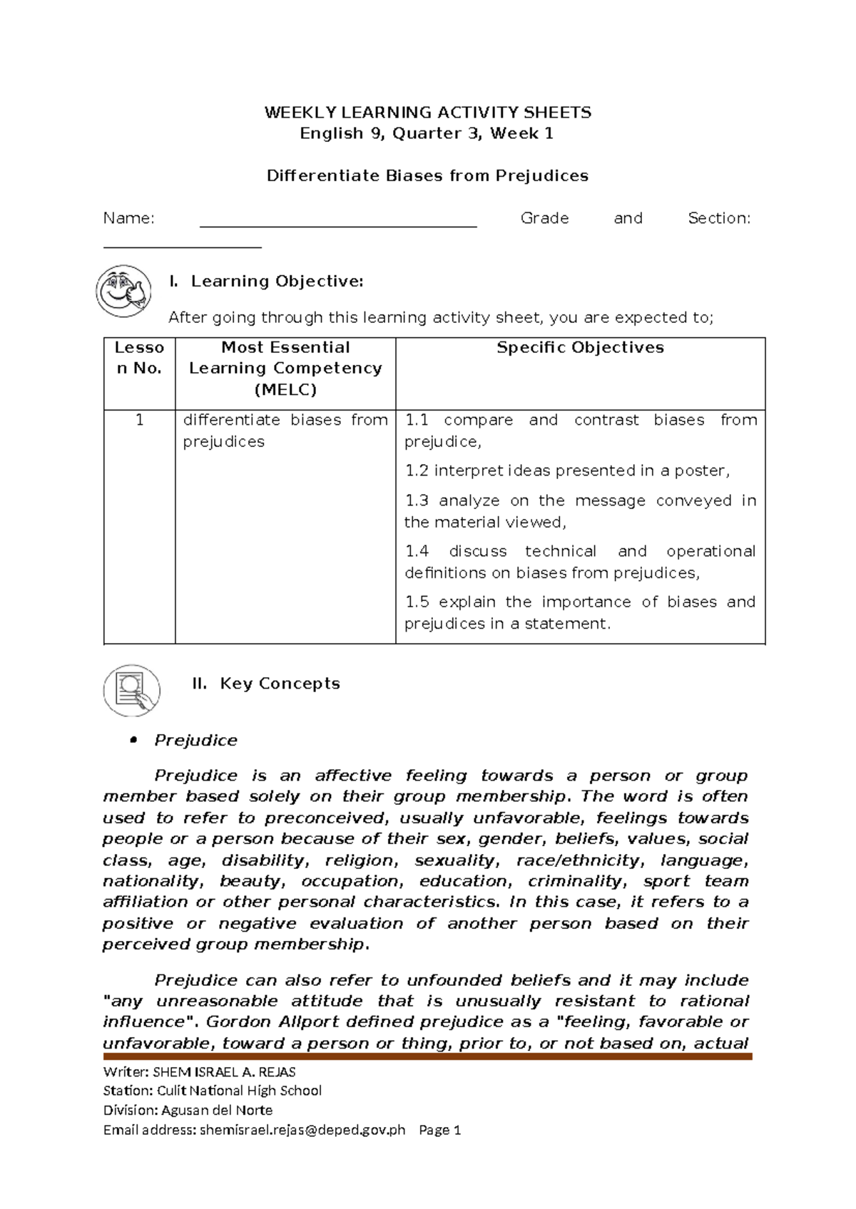 Worksheet for English lessons - WEEKLY LEARNING ACTIVITY SHEETS English ...