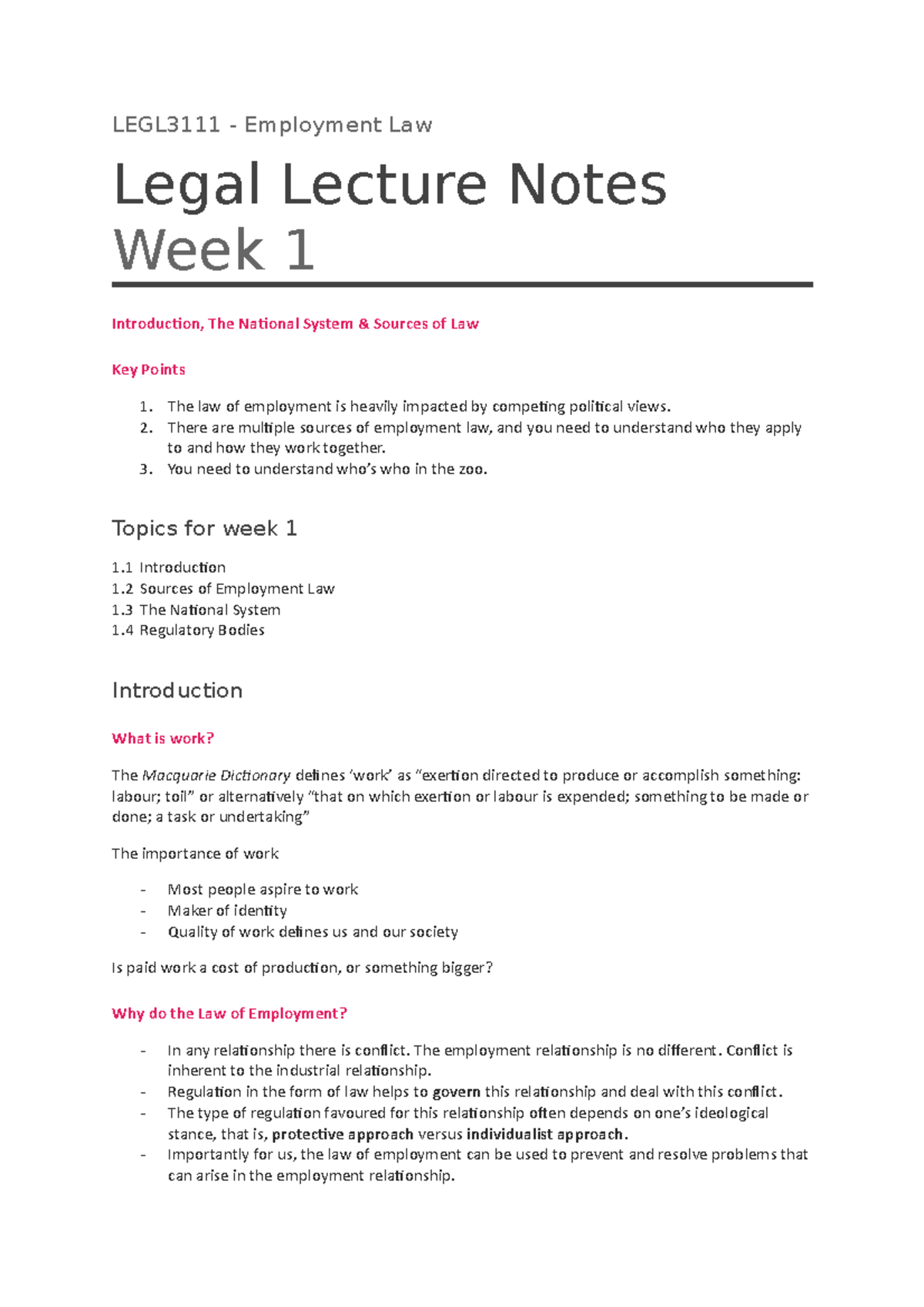 Week 1 Lecture Notes - LEGL3111 - Employment Law Legal Lecture Notes ...