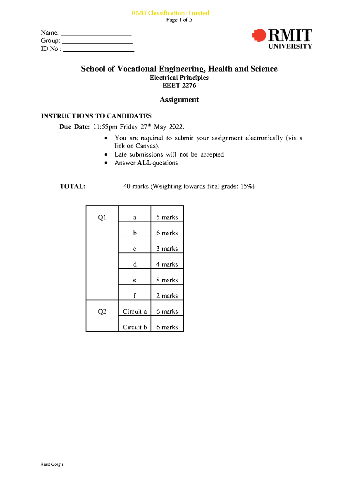EP Assignment - engineering - Page 1 of 5 Name: Group: ID No : School ...