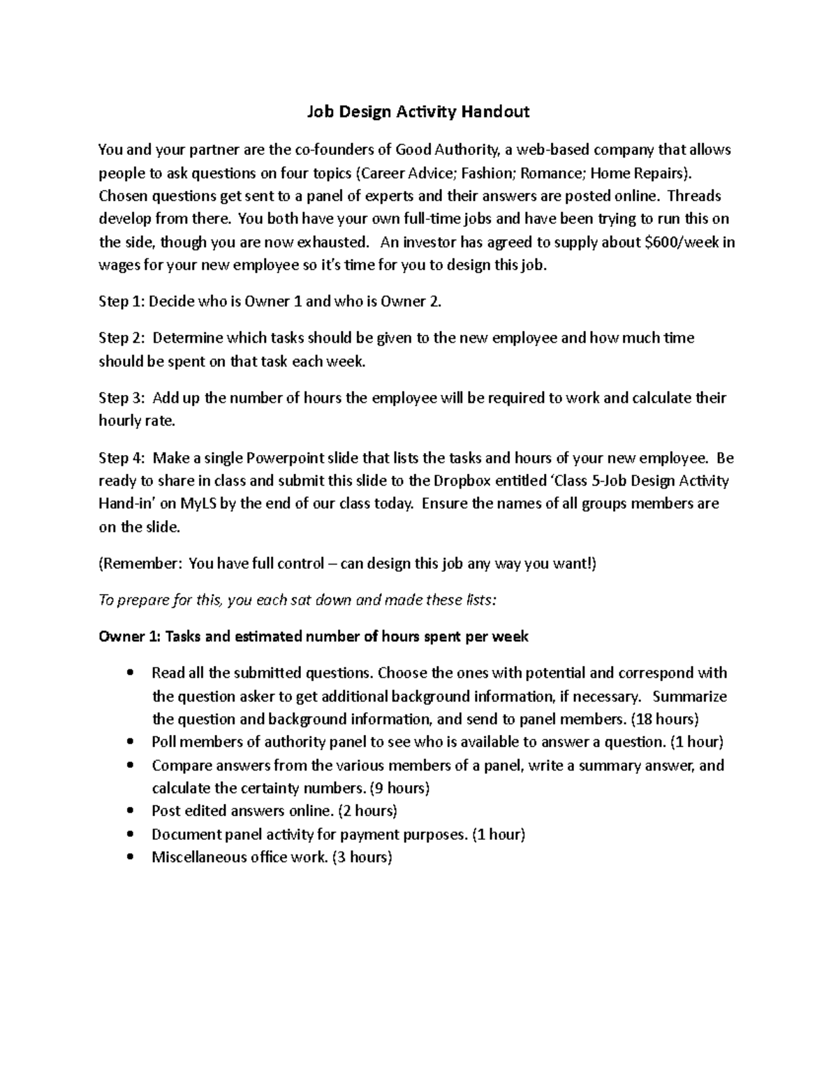 Class 5 Job Design Activity Handout Job Design Activity Handout You