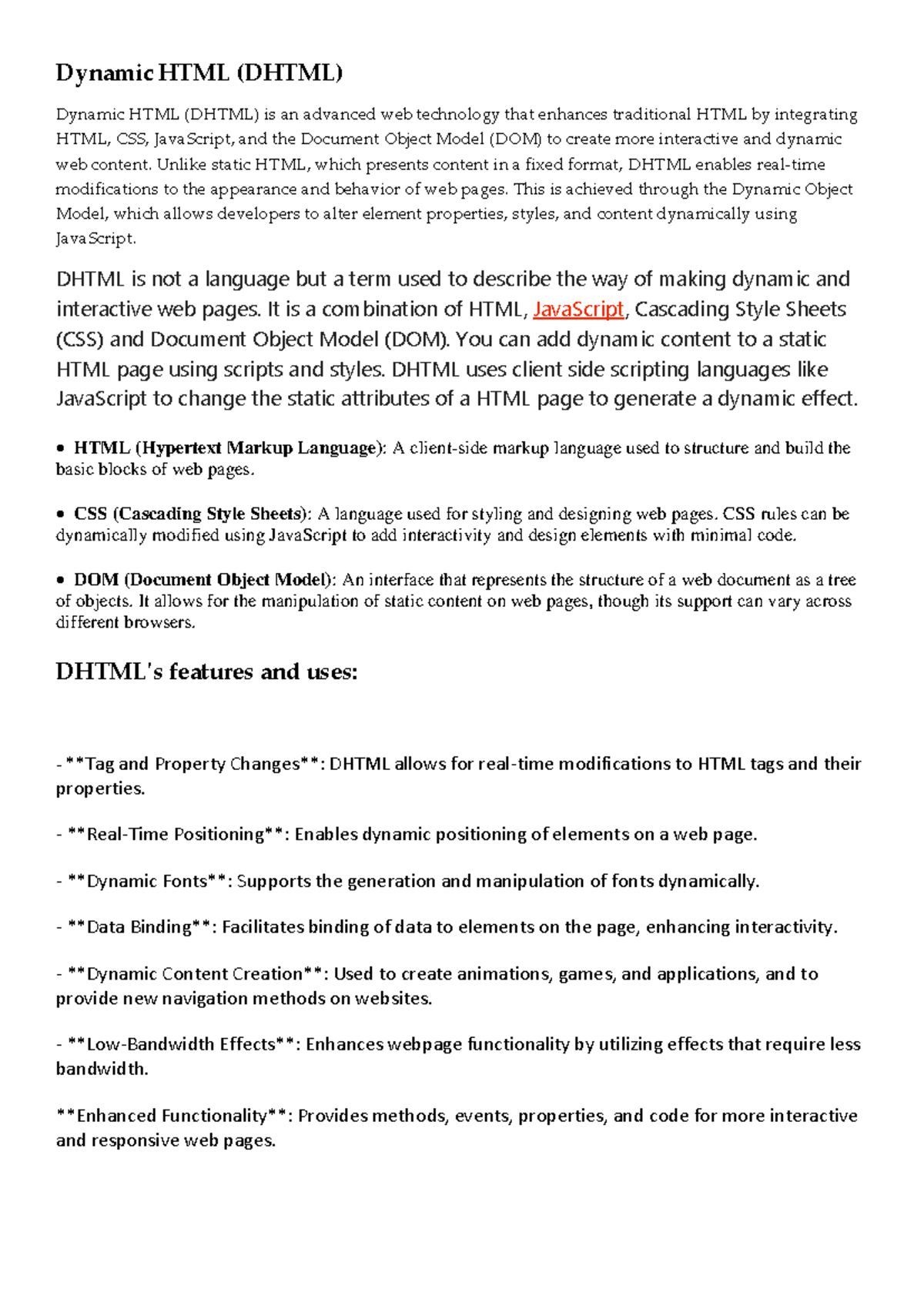Dynamic HTMLmod 2 full-1 - Dynamic HTML (DHTML) Dynamic HTML (DHTML) is ...