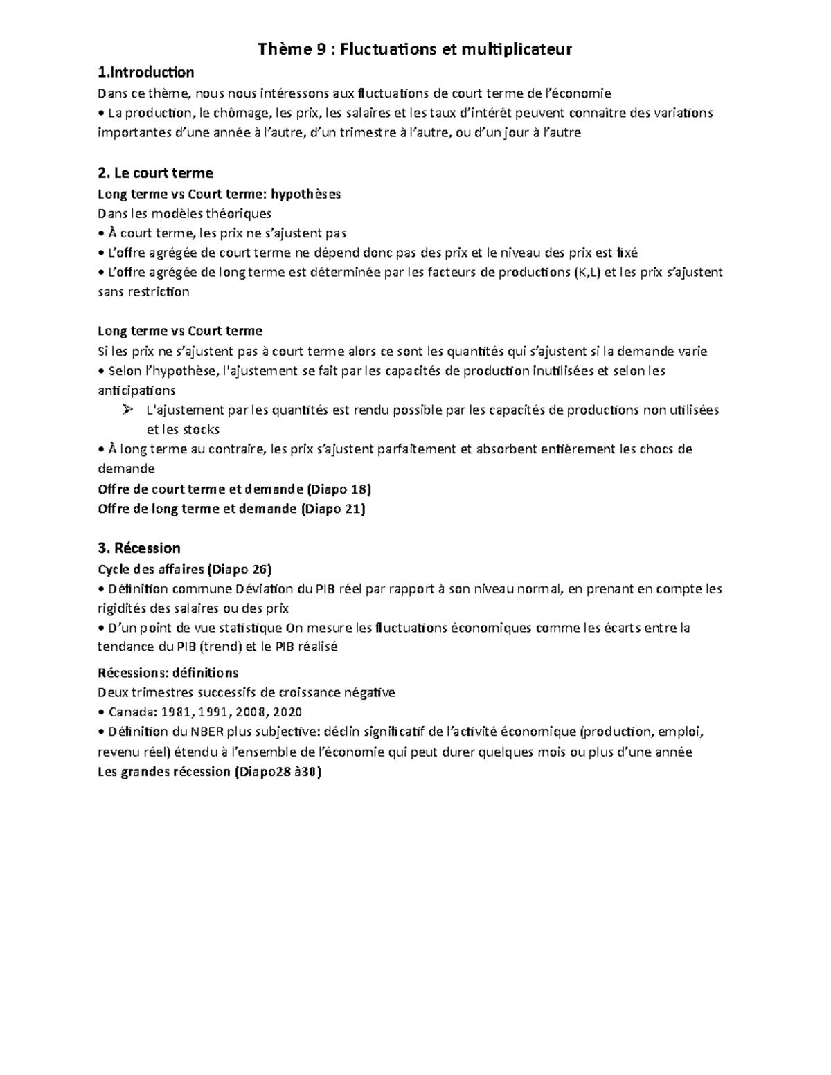 Thème 9 Le court terme Long terme vs Court terme hypothèses Dans les