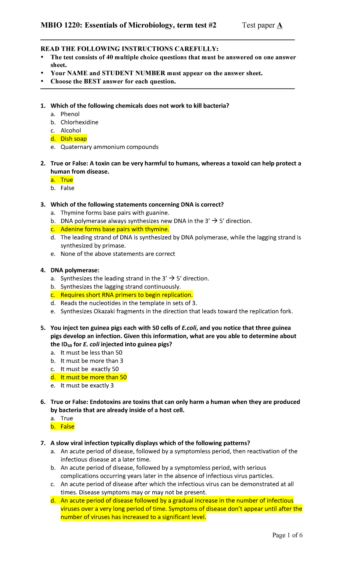 Test 2 2017, answers - MBIO 1220 - Essentials Of Microbiology - U of M Sns-Brigh10