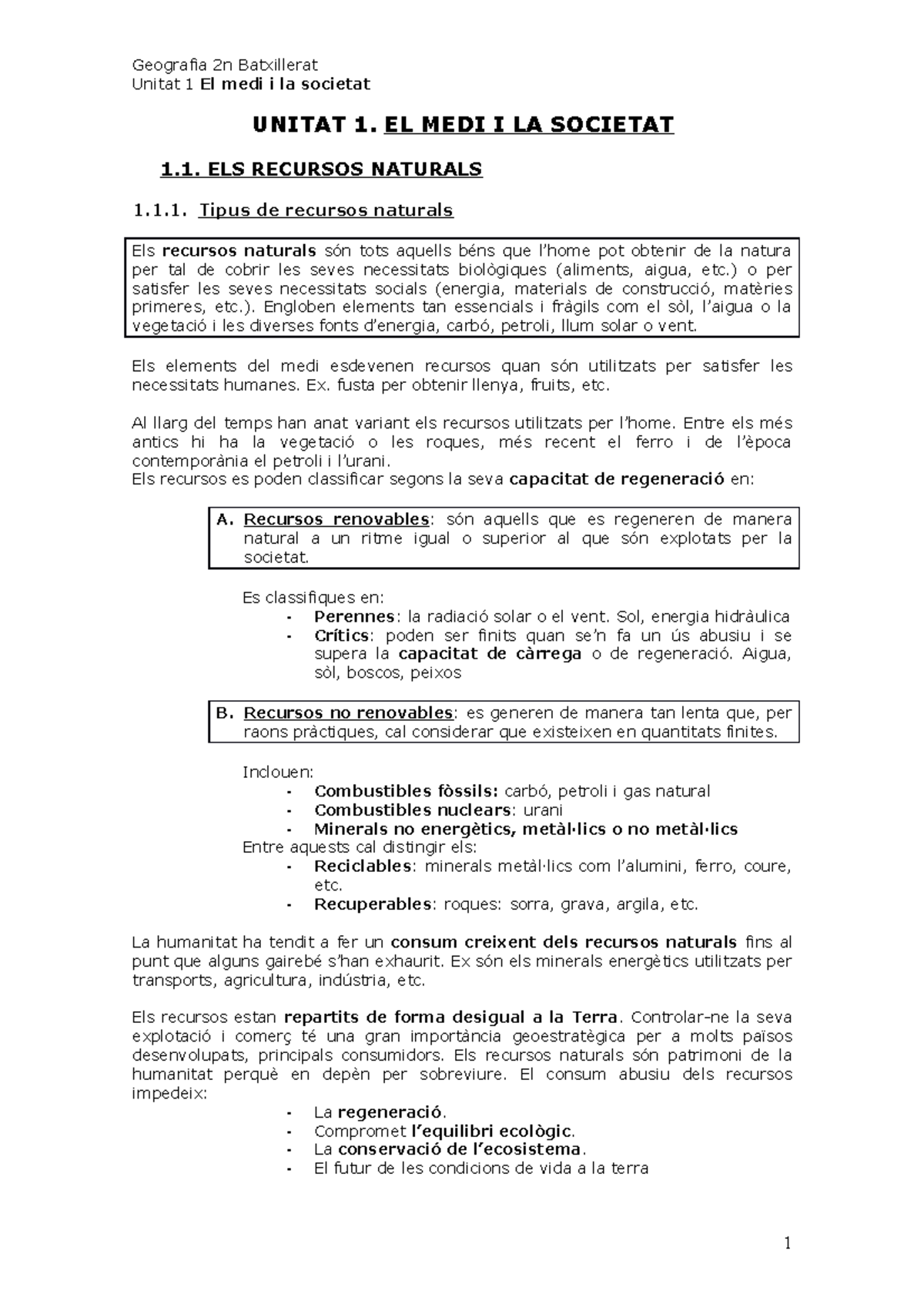 Resum Geo Batx - Unitat 1 El medi i la societat UNITAT 1. EL MEDI I LA ...