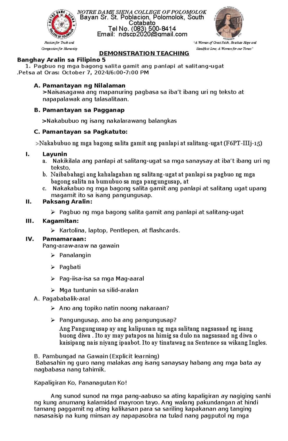 Ndscp lesson plan Mondejar Filipino 1 final 2 - NOTRE DAME SIENA ...