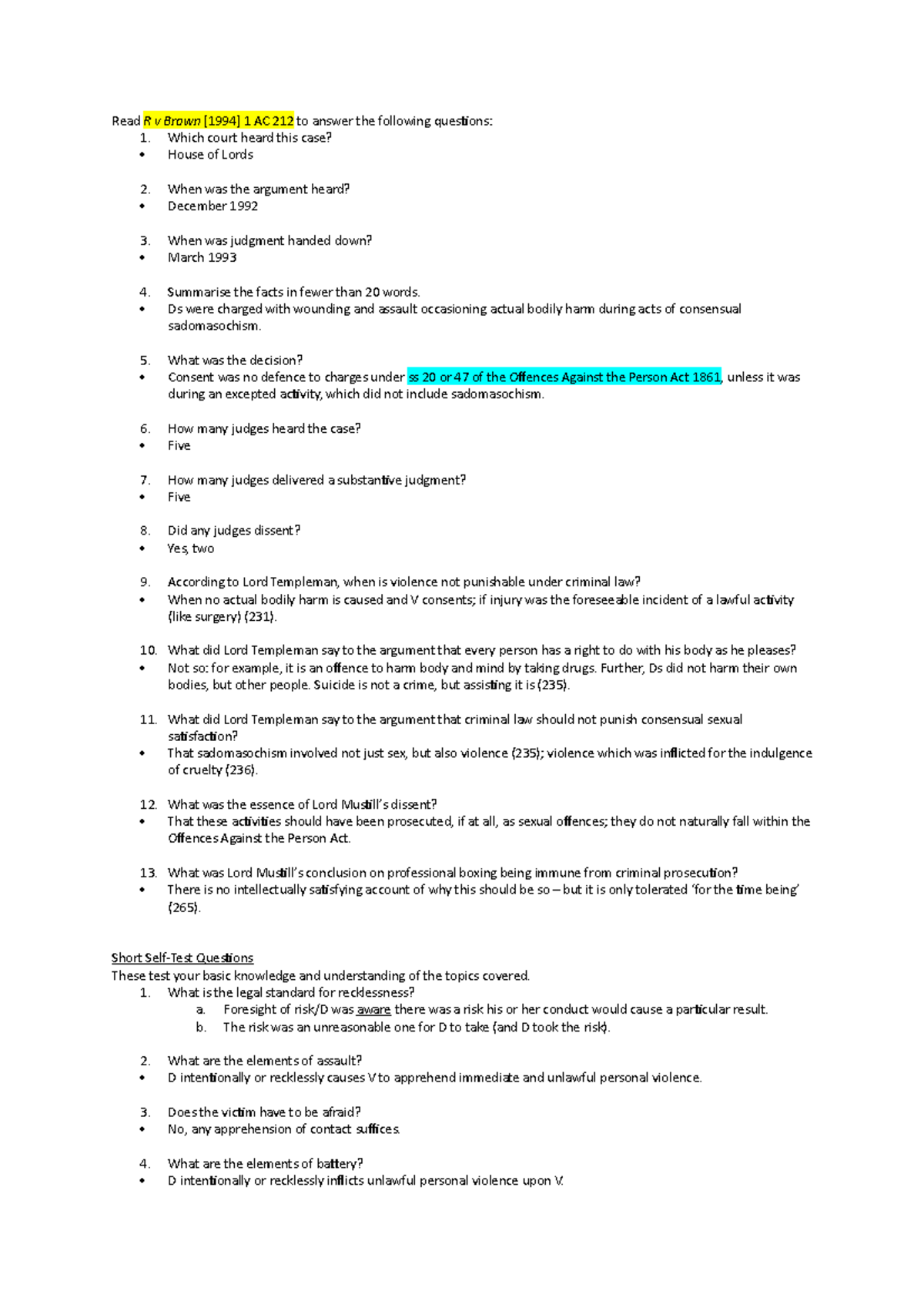 Key Qs - Cycle 3 - Non-fatal offences - Read R v Brown [1994] 1 AC 212 ...