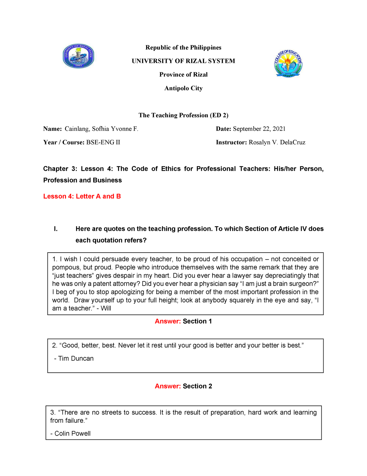 Cainlang Chapter 3 Lesson 4 A And B Professinal Teaching Ed 2 Republic Of The Philippines Studocu