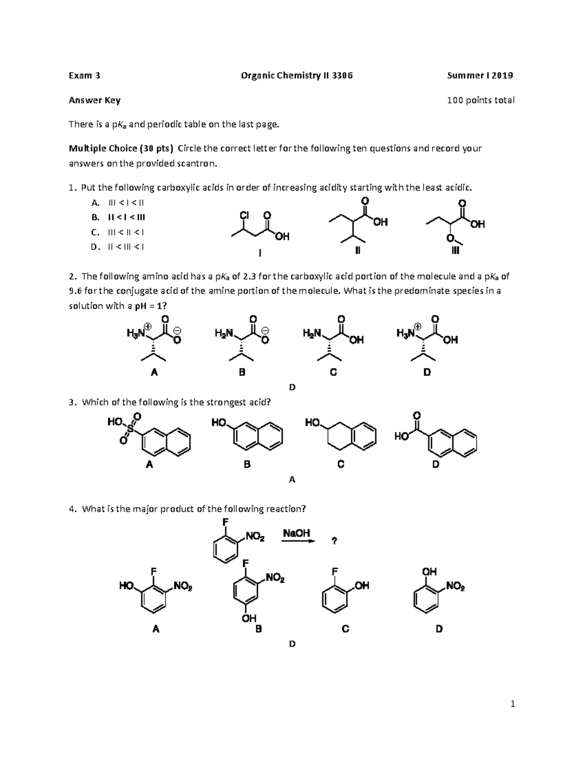 Older Exam 3 Answer Key - Exam 3 Organic Chemistry II 3306 S ummer I ...