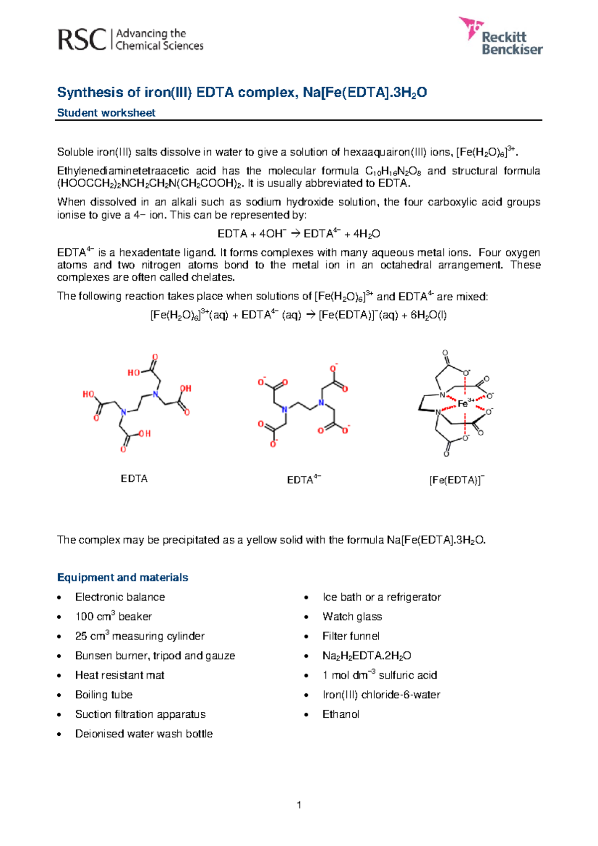 Syn fe(iii) edta complex student - 1 Synthesis of iron(III) EDTA ...