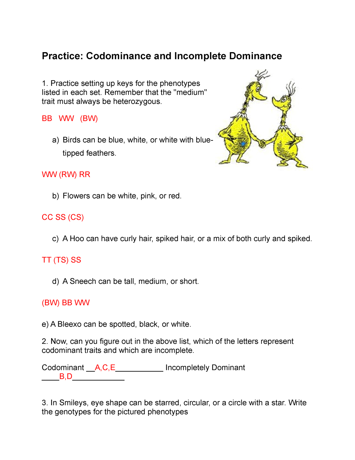 Practice With Codominance Incomplete Dominance And Multiple Allele Worksheet