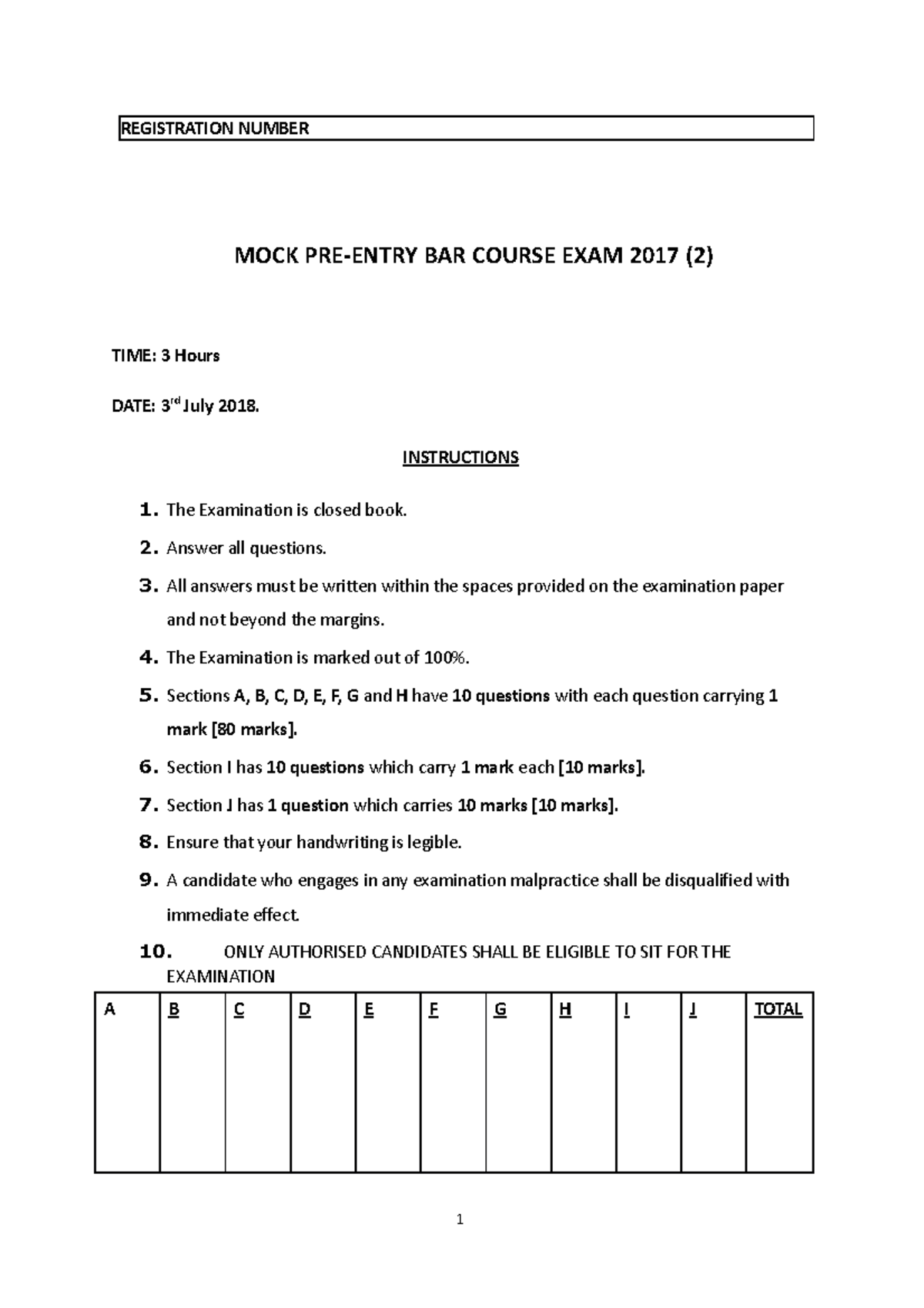 Preentry 2 - Good coverage - REGISTRATION NUMBER MOCK PRE-ENTRY BAR ...