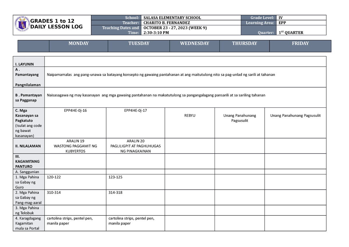 DLL EPP 4 Q1 W10 - A Example Of A Daily Lesson Log - GRADES 1 To 12 ...