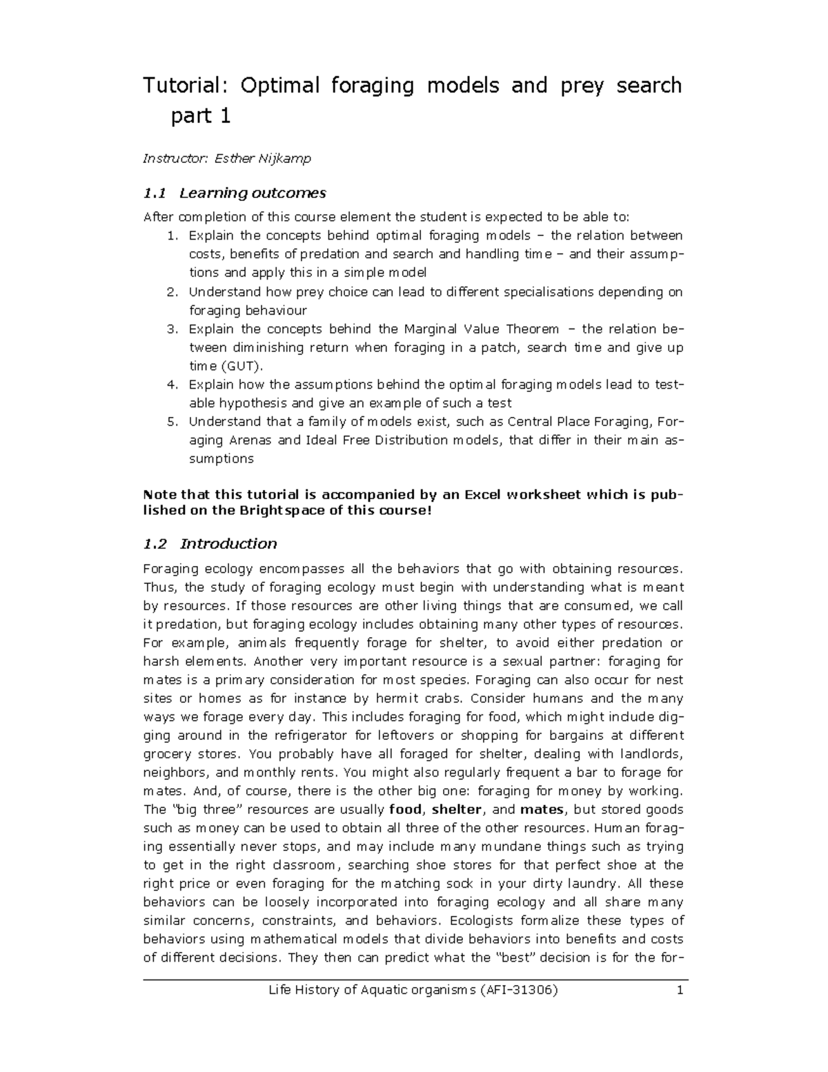 T5a Optimal Foraging - Tutorial 5 - Tutorial: Optimal foraging models ...