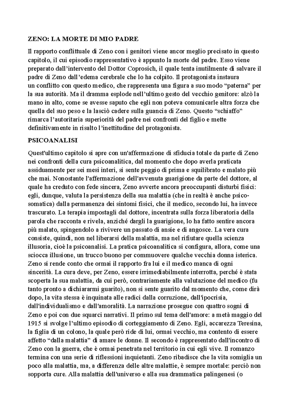 Svevo Sintesi dei capitoli della coscienza di Zeno la morte di mio padre e la psicoanalisi Svevo Sintesi dei capitoli della coscienza di Zeno la morte di mio padre e la psicoanalisi