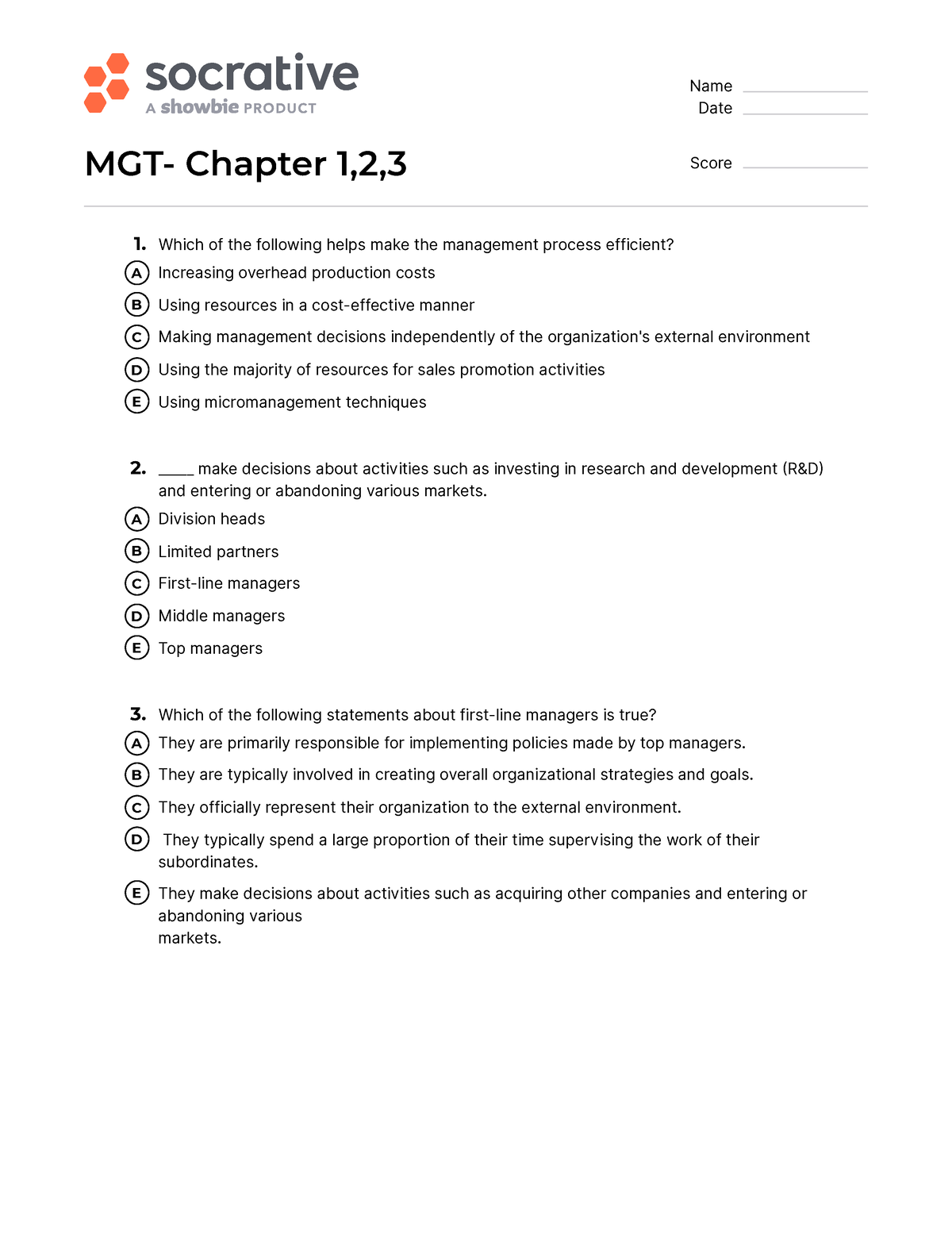 Quiz MGT- Chapter 123- Ver 2 - Name Date MGT- Chapter 1,2,3 Score 1 ...