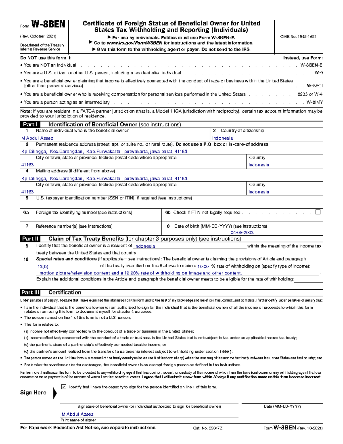 1aa0387b 244b 47e4 B62e 46515735 Ac53 - Form W-8BEN (Rev. October 2021 ...