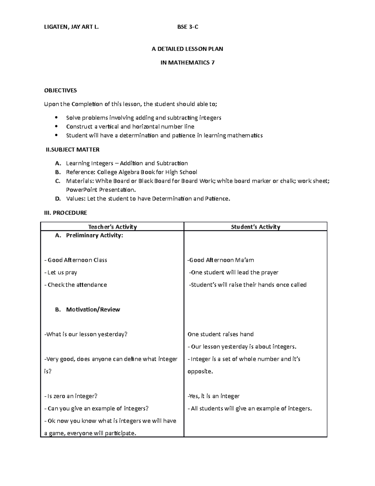 Detailed Lesson Plan Word - A DETAILED LESSON PLAN IN MATHEMATICS 7 ...
