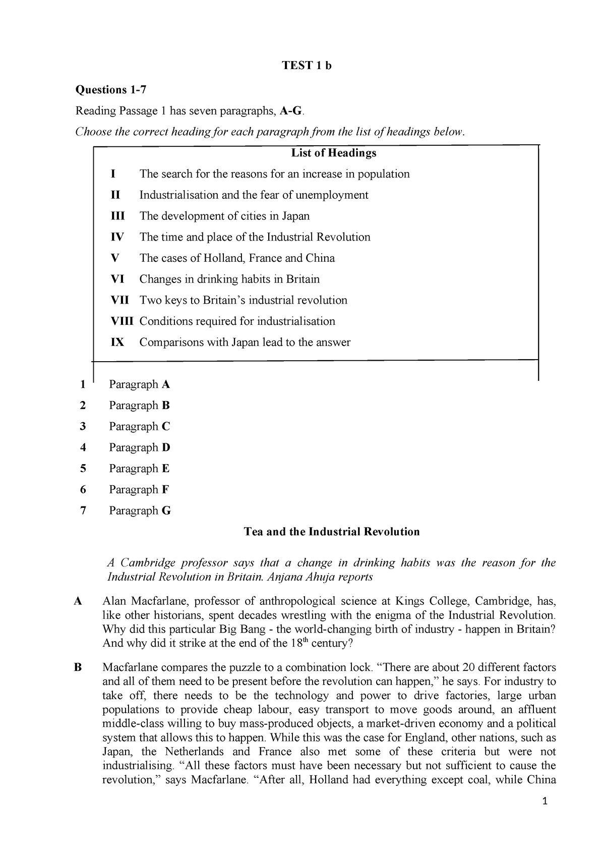 Test 1 B - ưefwefceafefervg - TEST 1 B Questions 1- Reading Passage 1 ...