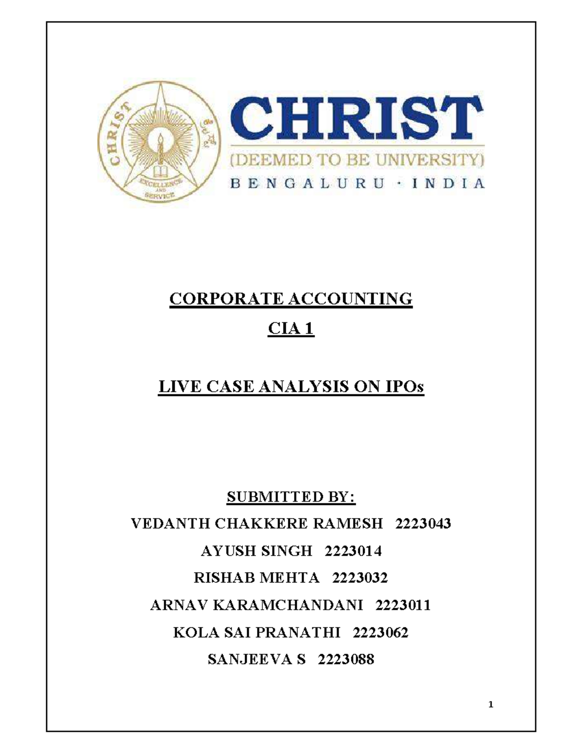 Corporate Accounting CIA 1 CORPORATE ACCOUNTING CIA 1 LIVE CASE