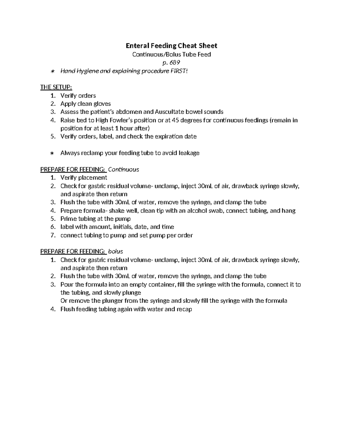 Enteral Feeding Cheat Sheet - Enteral Feeding Cheat Sheet Continuous ...