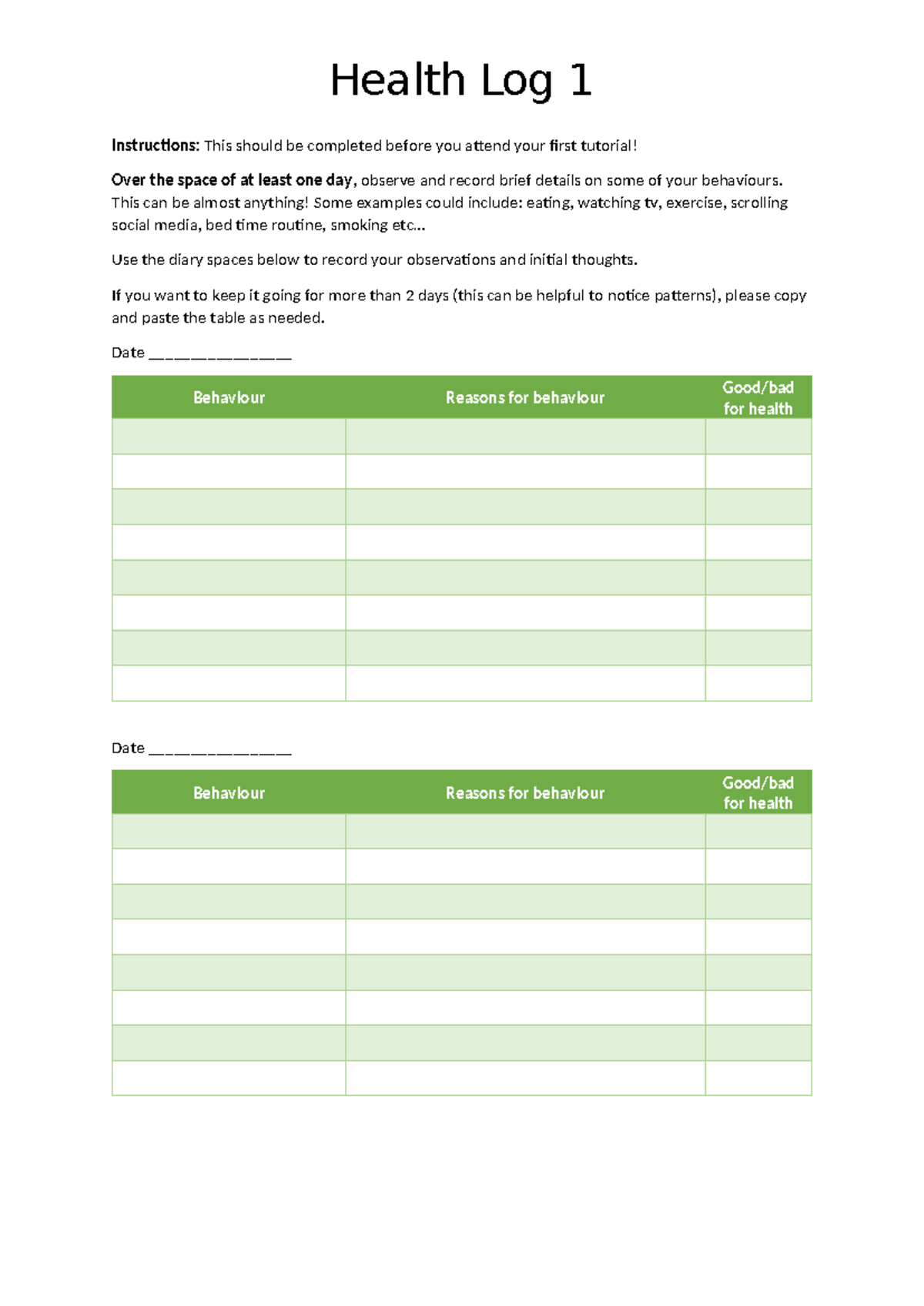 Module 2 Tutorial 1 Workbook Activity - Health Log 1 - Health Log 1 ...