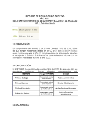 Formato-Informe Rendicion DE Cuentas 2022 - Copasst - INFORME DE RENDICION  DE CUENTAS AÑO 2022 DEL - Studocu