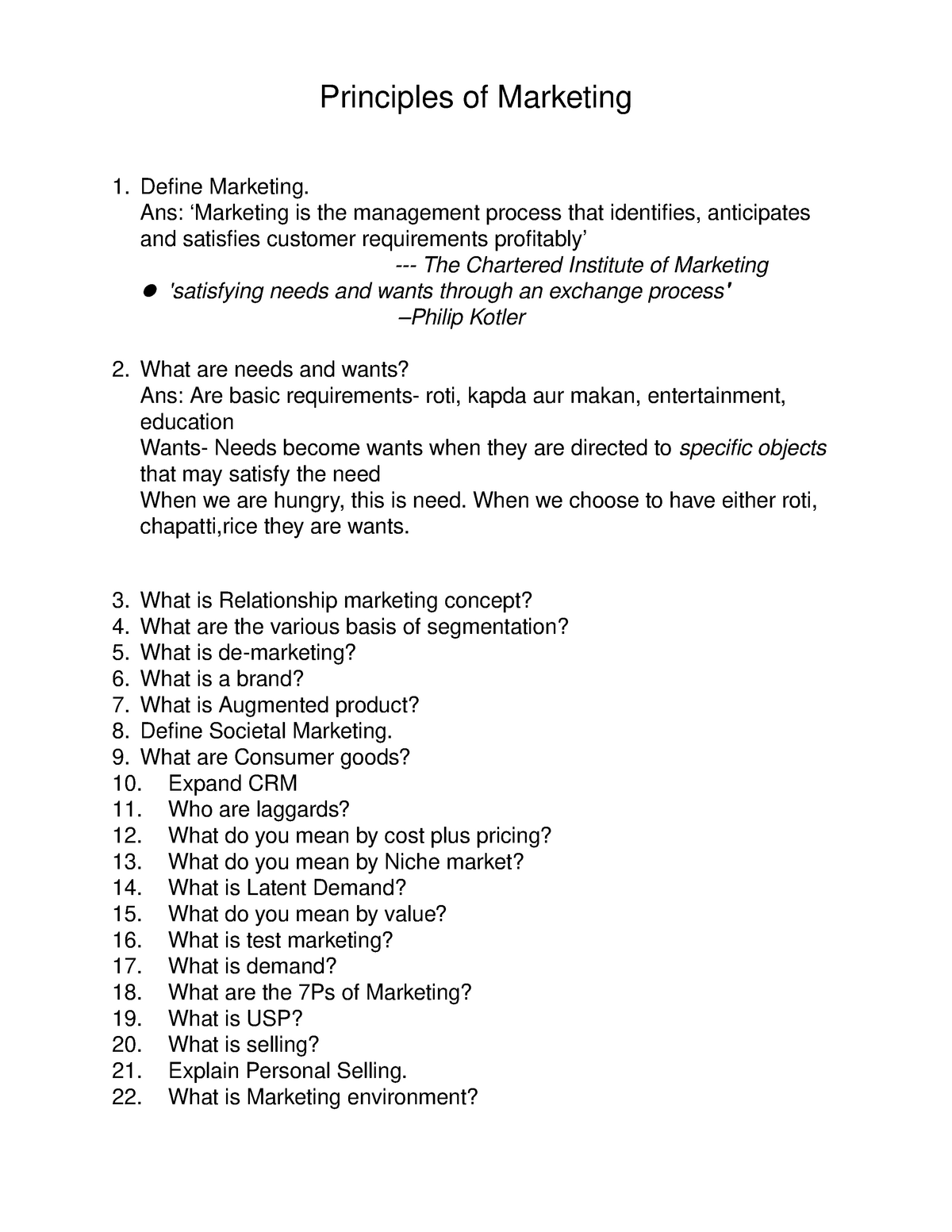 Principals Of Marketing Question Bank - Principles Of Marketing 1 ...