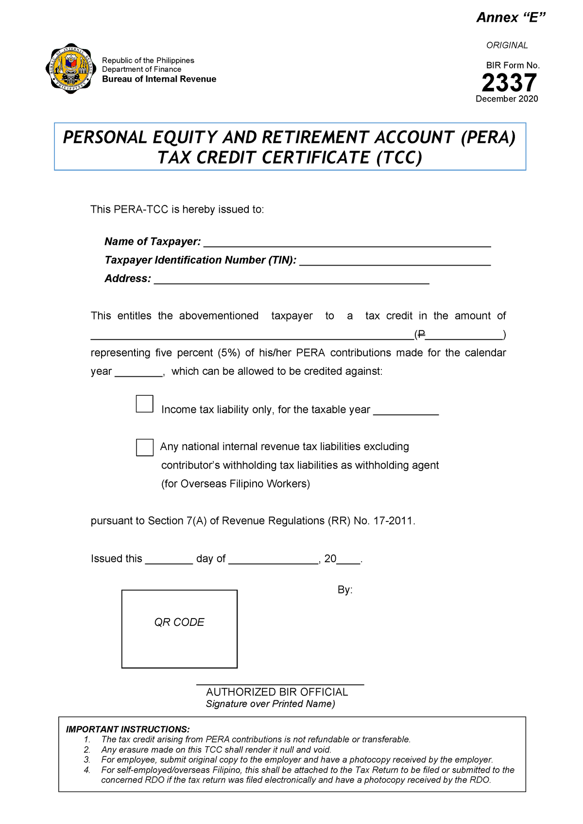 Annex E Bir Form No 2337 Forms Republic Of The Philippines Department Of Finance Bureau Of 3225