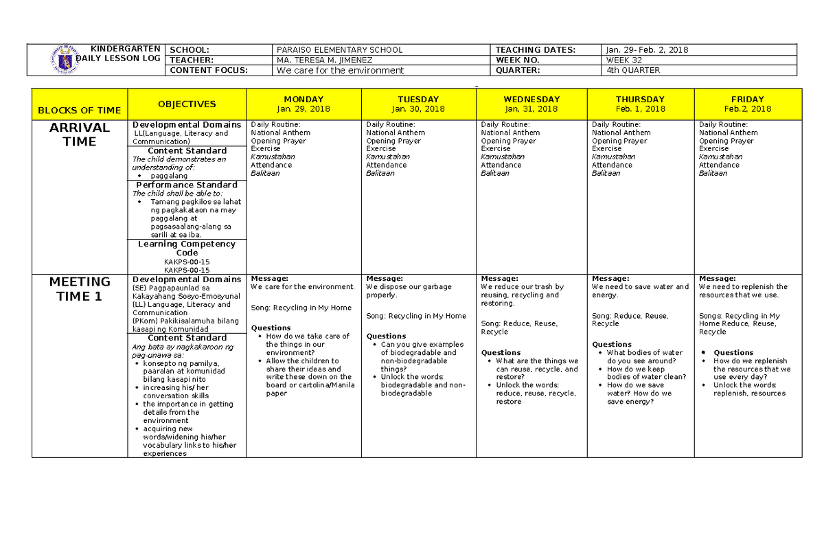 WEEK 32 - NEW KTG - WEEK 32 - NEW KTG - KINDERGARTEN DAILY LESSON LOG ...