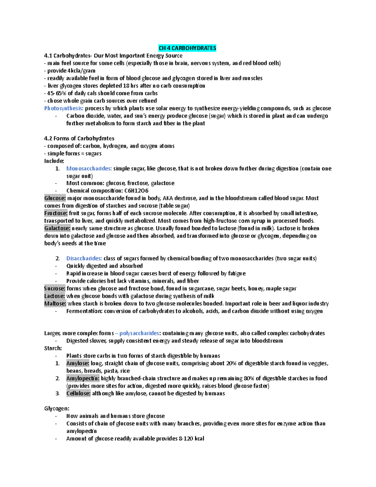 CH 4 Carbohydrates - Notes with key points and summaries - CH 4 ...