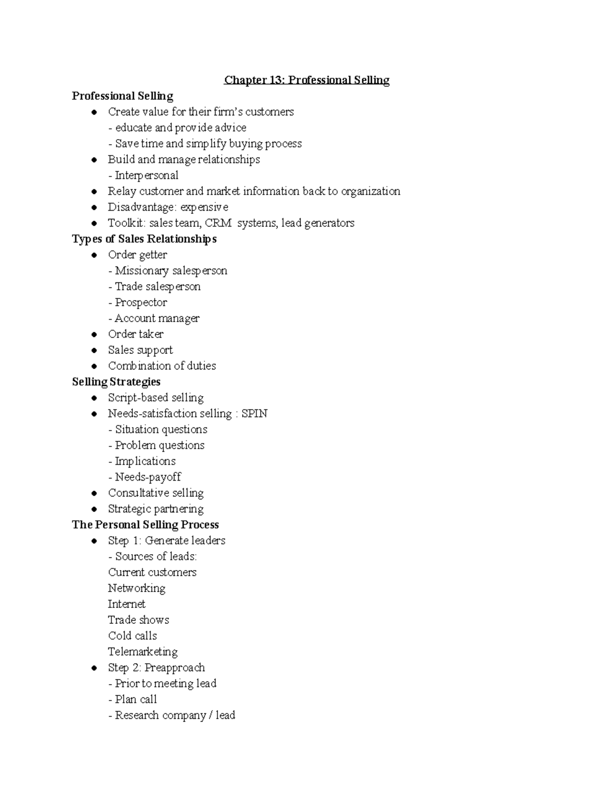 Chapter 14 Notes - Chapter 13: Professional Selling Professional ...