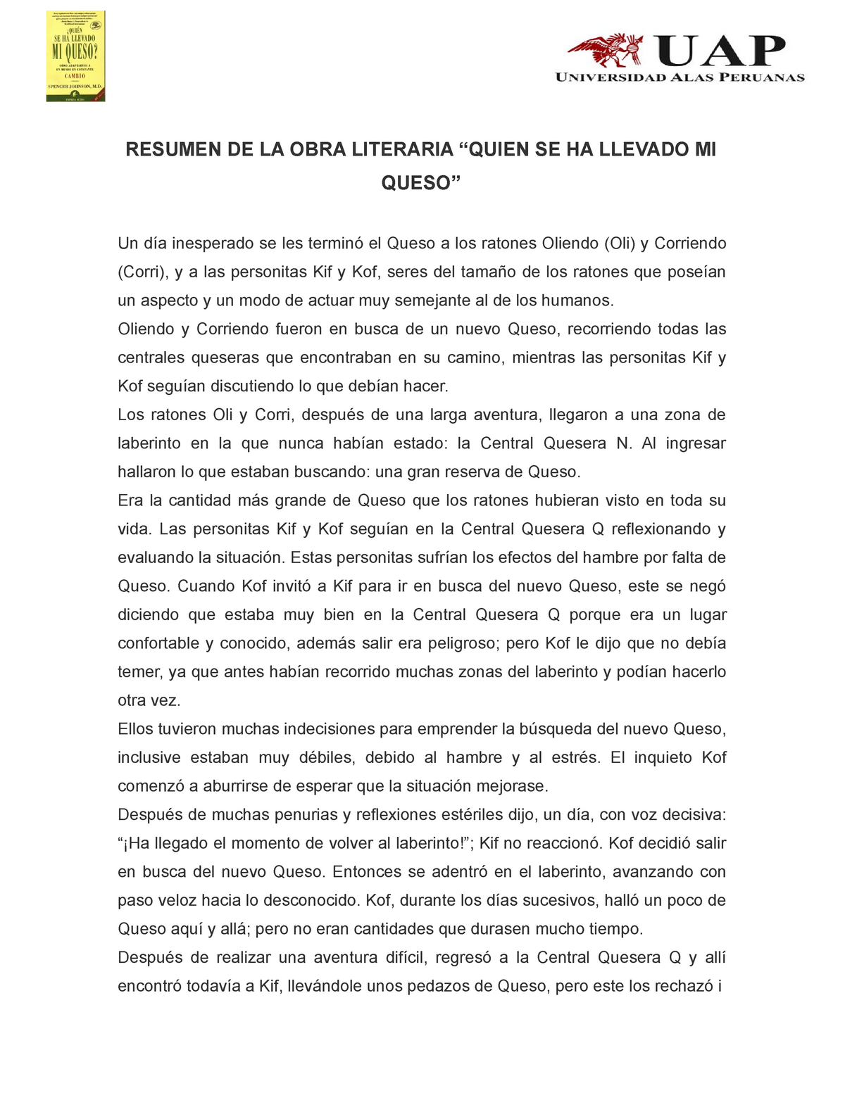 R OBRA Literaria quien se llevo mi queso - RESUMEN DE LA OBRA LITERARIA