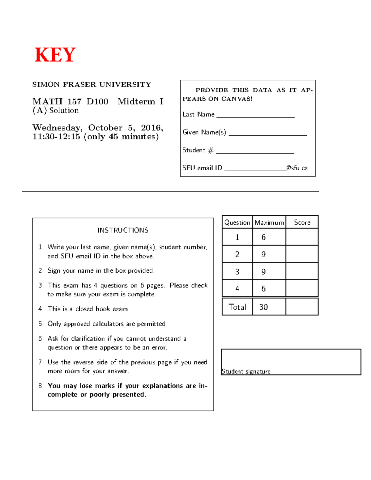 Midterm 1 Exam, answers - SIMON FRASER UNIVERSITY MATH 157 D100 Midterm ...