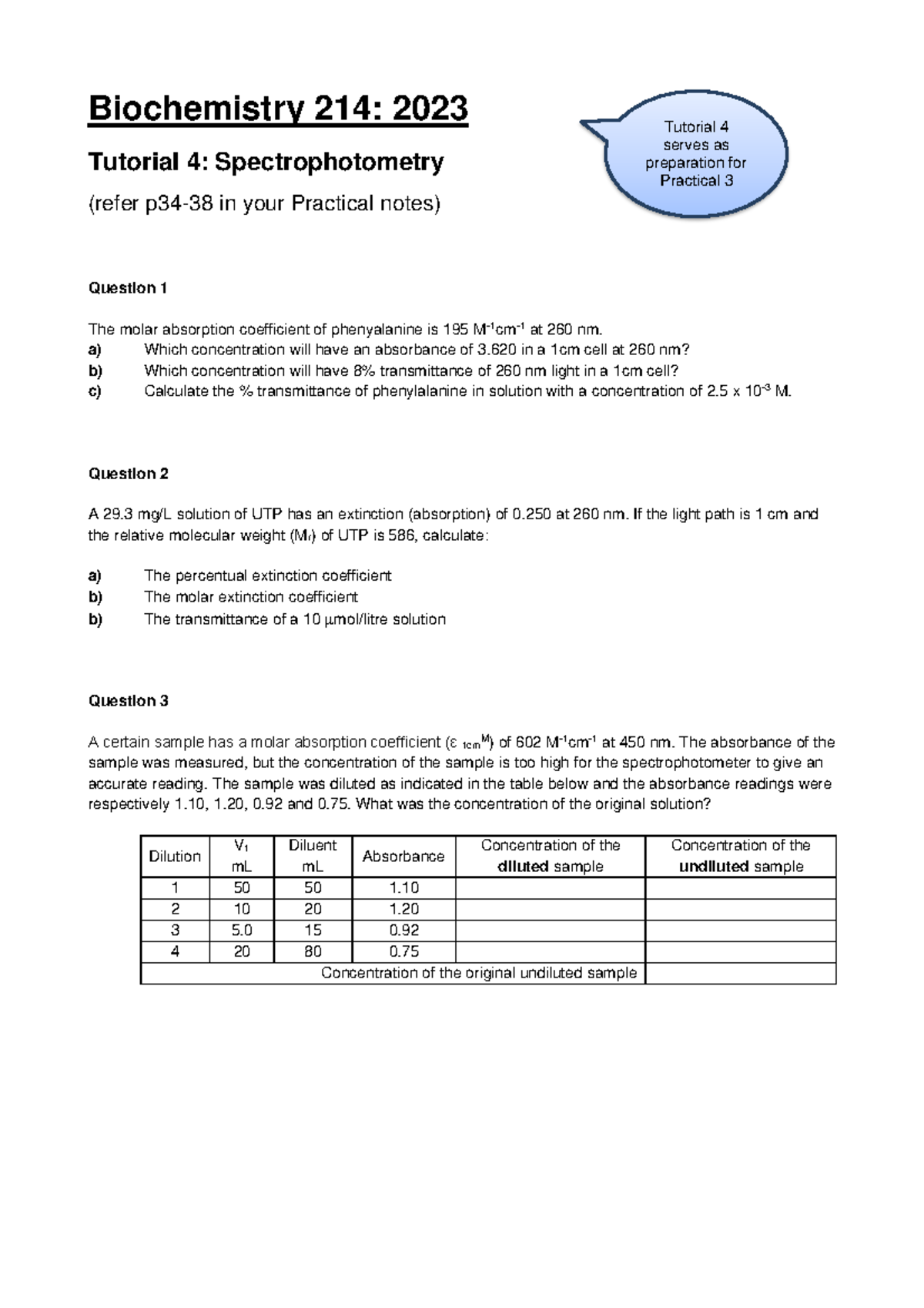 Tutorial Questions Biochemistry 214 2023 Tutorial 4