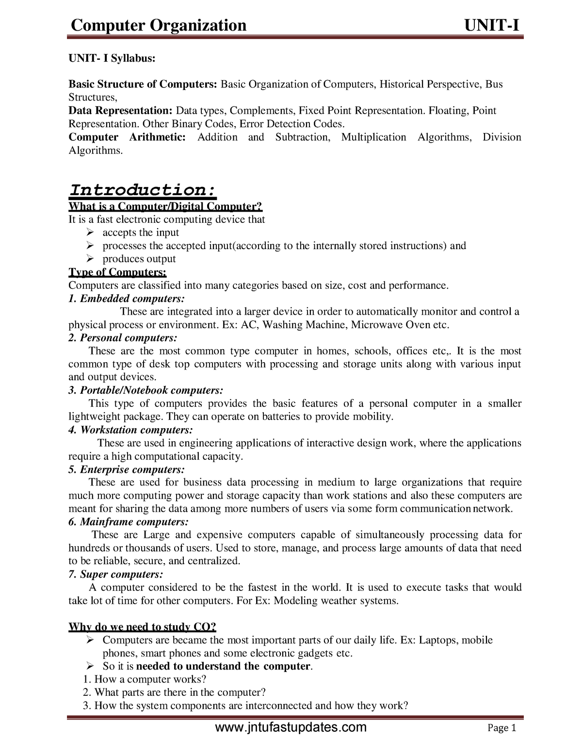 Jntuk 2-1 Computer Organization - UNIT-1 - UNIT- I Syllabus: Basic ...