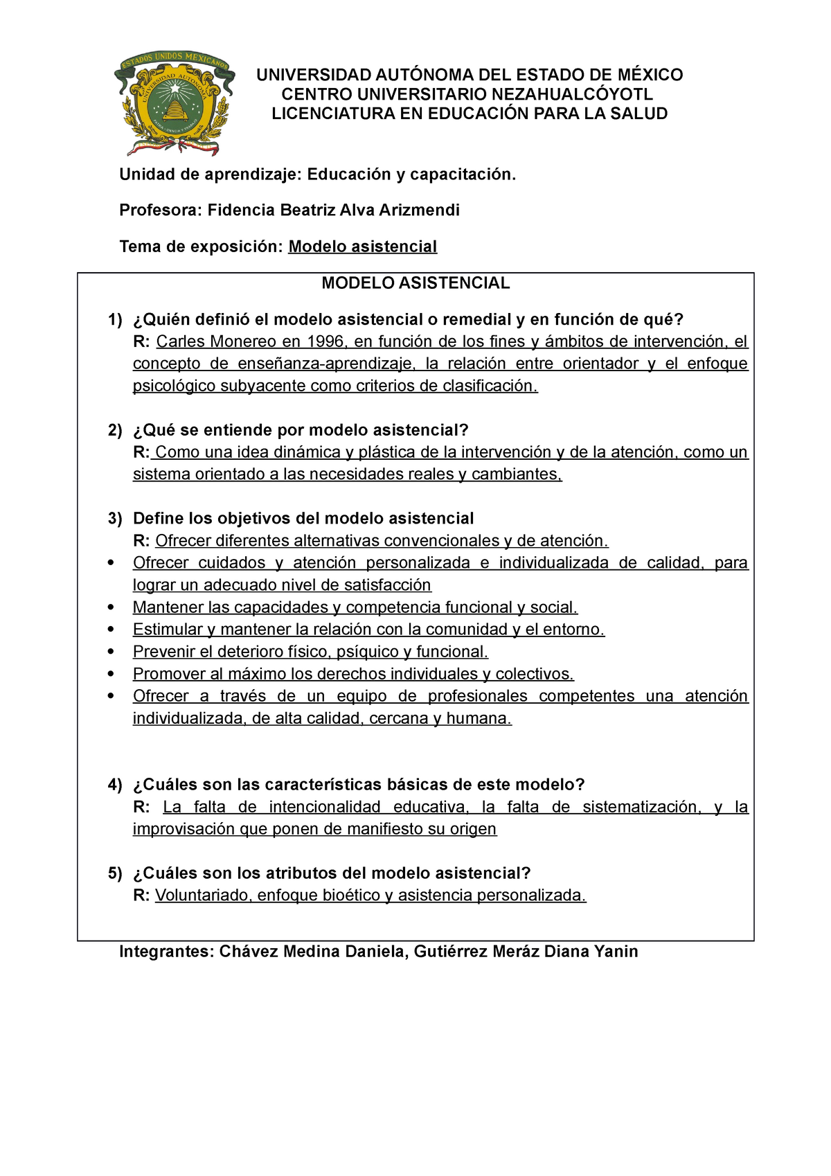 Modelo Asistencial Cuestionario Resuelto - UNIVERSIDAD DEL ESTADO DE CENTRO  UNIVERSITARIO - Studocu