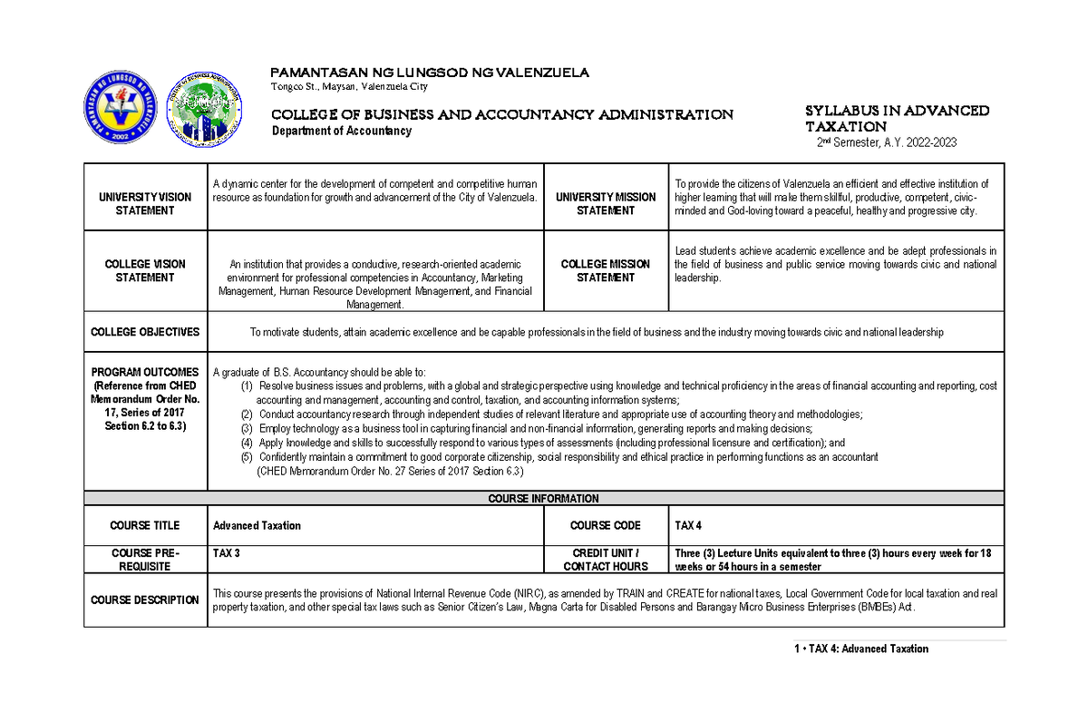 TAX 4 Advanced Taxation Syllabus New - UNIVERSITY VISION STATEMENT A ...